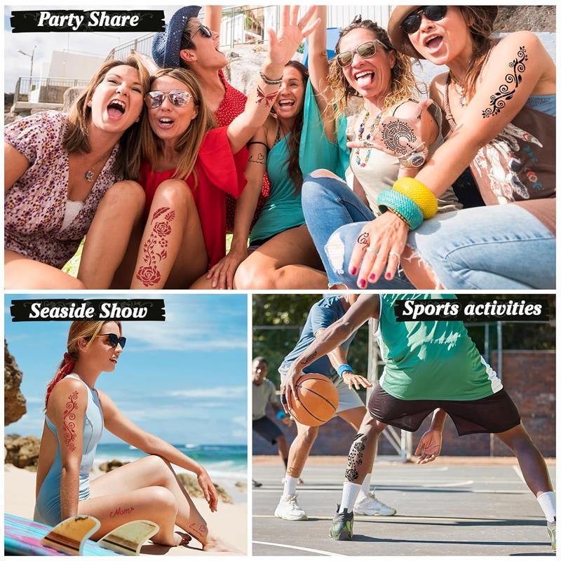 Temporary Stencils Tattoos Kit, 4 Pcs Tattoo Cones 3 Color (2 Black 1 Maroon 1 Cherry Red) with Gloves Brush Tool,DIY Body Art Skin Painting Designs for Women Men Kids Party Gifts, Organic Mehandi Temporary Tattoo&Hair Color,hair dye kit,color,shiny hair