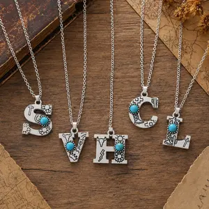 Western Barbed Wire Initial Long Necklace with Turquoise – A-Z Personalized Letter Pendant, Layered Long Chain Jewelry for Women&Men, Cowgirl Style Necklace Gift
