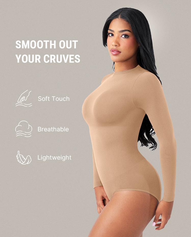 FeelinGirl #Live Round Neck Seamless Long Sleeve Compression Shapewear Bodysuit