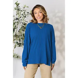 Full Size Ribbed Round Neck Slit Knit Top - 96% polyester, 4% elastane, Comfort Womenswear