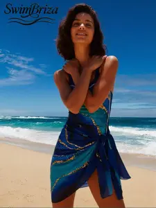 Briza｜One Piece Swimsuit For Women In Blue Teal Gold Print With Tie Wrap Skirt As Vacation Swimwear For Women, Bathing Suit Fancy With Swimsuit Cover Up For Women, Women'S Swimsuits For Women And Bathing Suits For Women For Confidence
