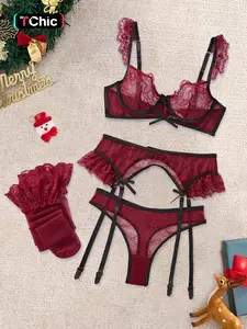 Christmas Five-Piece Set Sexy Lingerie, Adjustable Underwire Bra, Thigh Straps and Stockings, Romantic Midnight Lace, Colorblock Design