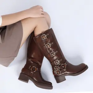 Athlefit Women's Knee High Riding Boots Fashion Buckle Square Toe Chunky Heel Wide Calf Biker Boots Gril Comfort Footware Fashion Shoes buckle  boots knee  high Leather Footwear Comfortable Girl Walking Shoes Bota Brown