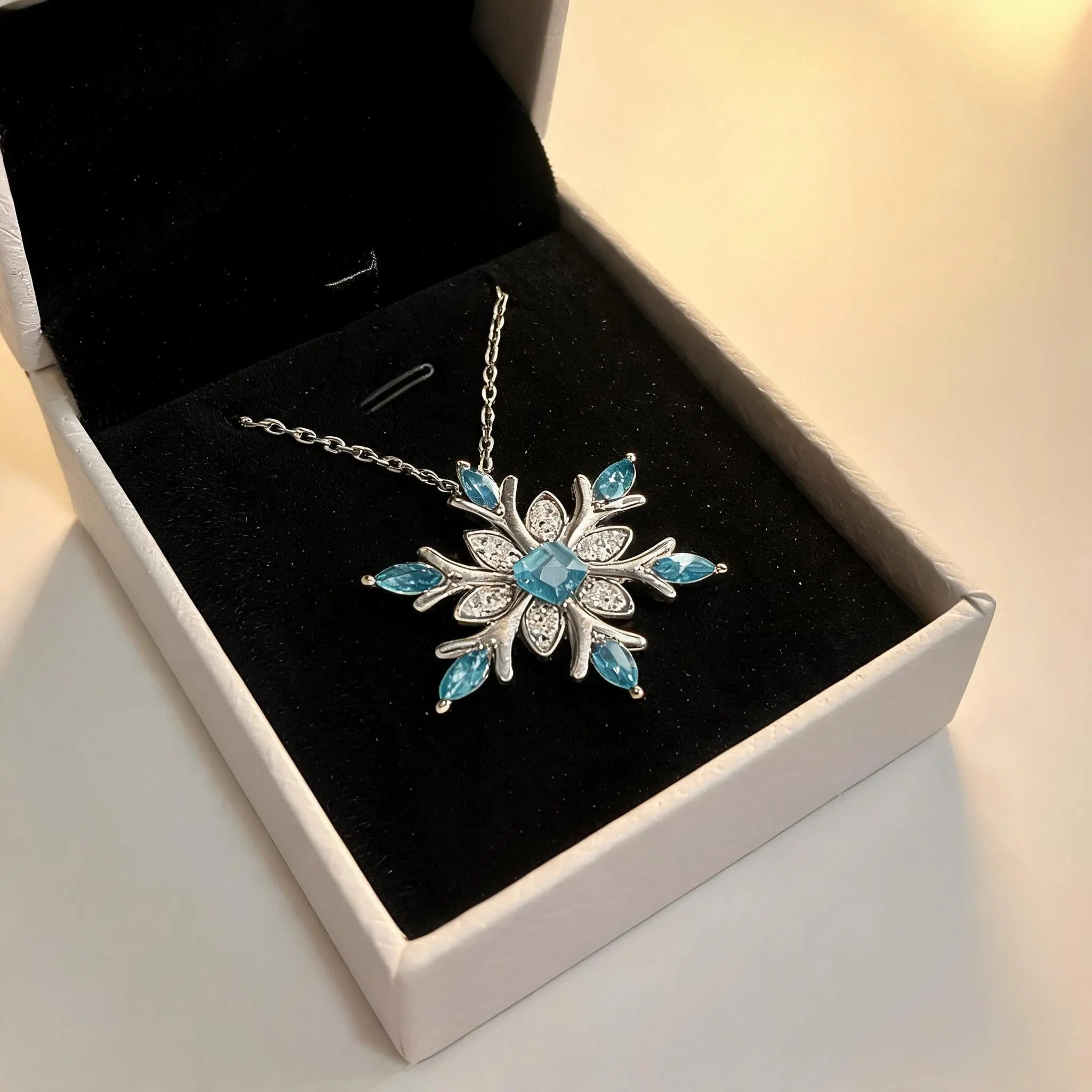 Silver Snowflake Pendant Necklace for Women | Austrian Crystals Blue & White Jewelry | Adjustable 16-18 Inch Chain