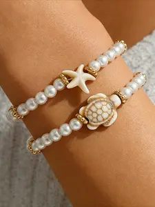 2Pcs Ocean Charm Bracelet Set for Women, Stackable Faux Pearl Bead Bracelets with Turtle & Starfish Accents, Adjustable Boho Beach Summer Casual Everyday Accessories, Stacking Bracelet, Beaded Bracelets