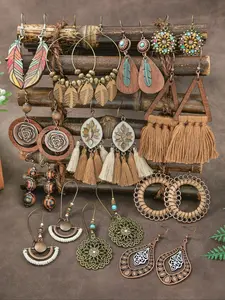 12Pairs Boho Wooden Tassel Earrings Set, Vintage Ethnic Style Dangle Drop Earrings with Leaf, Floral & Mandala Designs, Copper Tone Jewelry for Women, Daily Wear Party Commute Holiday