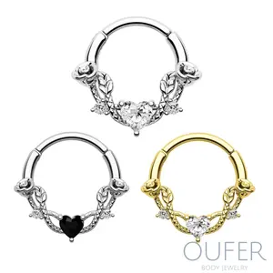 OUFER Body Jewelry 16G 316L Stainless Steel Rose Heart Design Hinged Segment Ring - 8mm-10mm Inner Diameter, Black/Gold/Silver, Body-Safe Romantic Dainty Jewelry for Women's Nose, Septum, Daith Piercings, Daily Wear, Nose Piercing