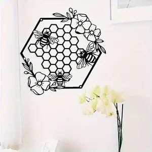 Farmhouse Honeycomb with Flowers Metal Wall Art - Elegant Artistic Hanging Décor for Living Room, Garden, Bedroom, Office, and Home Walls Decoration