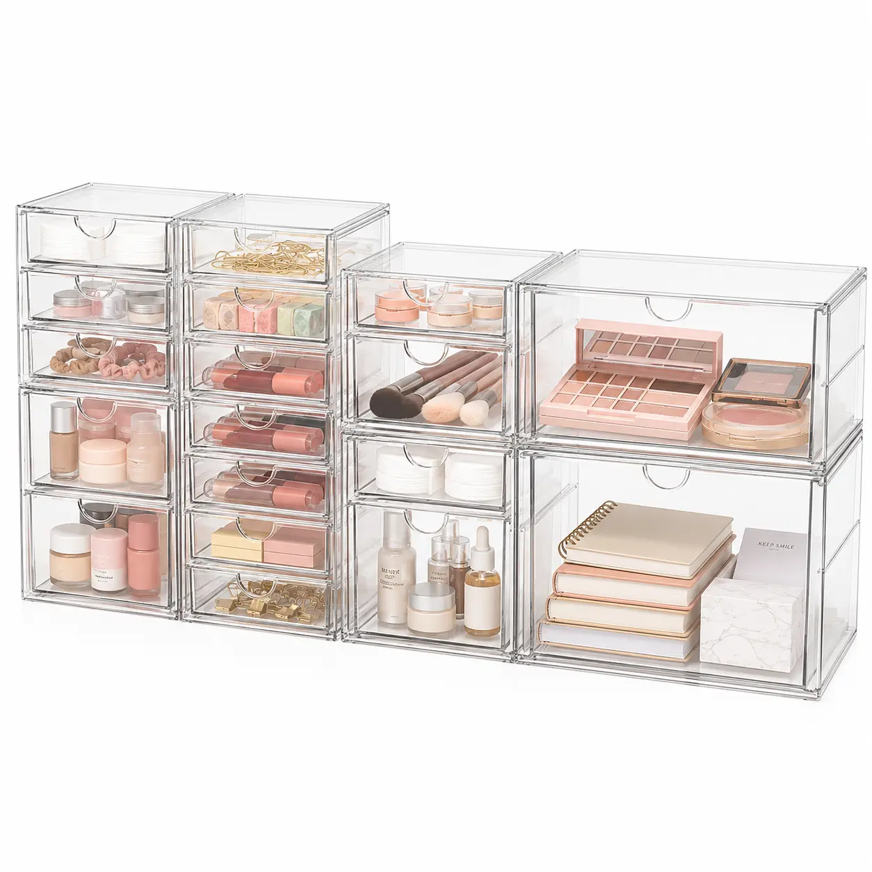 Acrylic Makeup Organizer with 17 Drawers 4 Pack – Clear Stackable Storage for Cosmetics, Office, Bathroom & Craft – Dustproof, Waterproof