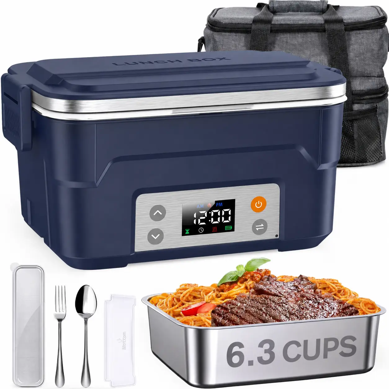 Docusvect Cordless Electric Lunch Box with Scheduled Heating & Daily Memory, 27000mAh Rechargeable Heated Lunch Box for Adults, 2H Heat + 1H Keep-Warm Food Warmer, 6.3 Cups 220°F Rapid Heating Container for Work & Travel, Blue, Full Kit