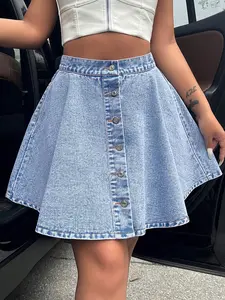 Women's vintage denim mini skirt, A-line button down, cool summer casual, simple and adjustable, breathable and lightweight, back to school downtown girl style, bottoms are breathable and lightweight, basic blue slim fit Minimalist Fitted Womenswear