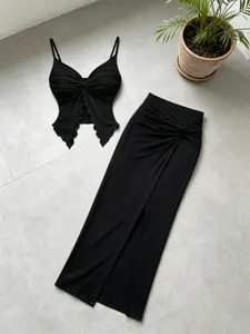 Women's Knot Front Halter Top and High Waist Split Midi Skirt Set, Slimming Summer, Fashionable and Comfortable, Chic, Clothes