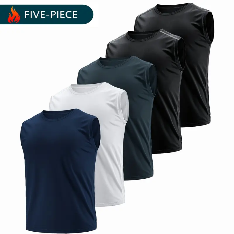 Men's 5-Pack Sleeveless Activewear Muscle Compression Tank Tops - Athletic Fitted, Quick-Dry Sports Vest, Breathable, UV Protection, Second Skin Fit for Running, Weight Training, Hiking