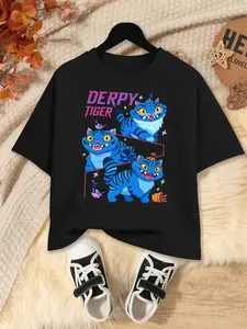 Girls Kpop Demon Hunters Pattern Short Sleeve Tee, Derpy Tiger Cute Cat Cartoon Print, Summer Fashion Casual Top, Graphic Tee, Daily Wear Outdoor Leisure