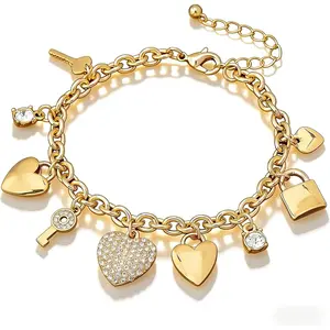 Gold Heart Charms Bracelet Dainty Gold Bracelet For Women Link Chain Bracelets With Heart key locks Love Bracelet Jewelry 14K Gold Plating Bracelet Gift