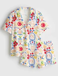 Italian Food Pajama Set Women, Tomato Lemon Pasta Print Sleepwear, Mediterranean Lounge Pajamas