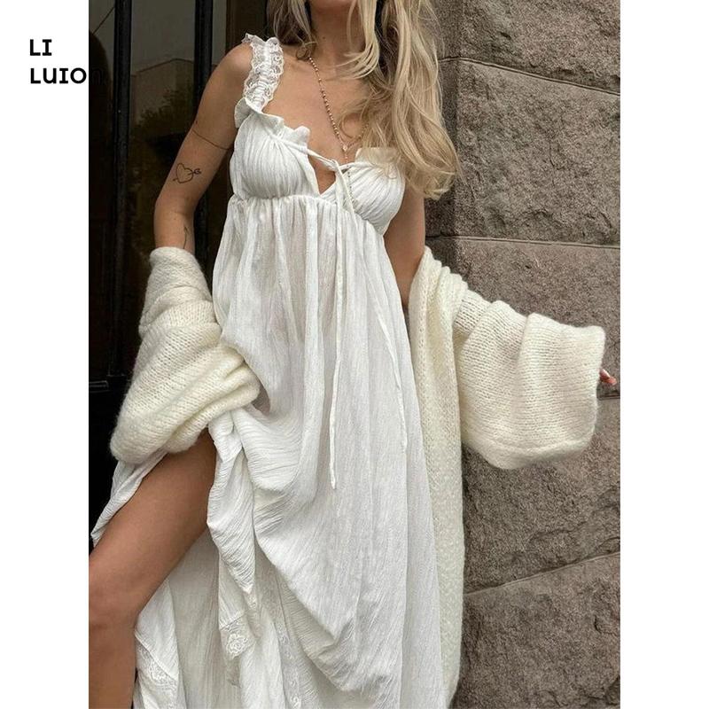 Women's Loose Sleeveless White Long Skirt For Lady Seaside Vacation