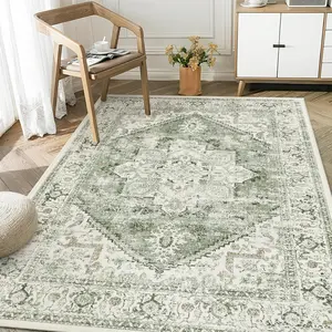 Washable Area Rug 4x6  Tribal Bedroom Rugs  Low-Pile Indoor Rug for Living Room, Non-Slip Retro Carpet Print Distressed Accent Carpet for Kitchen Entryway Office Camper, Sage