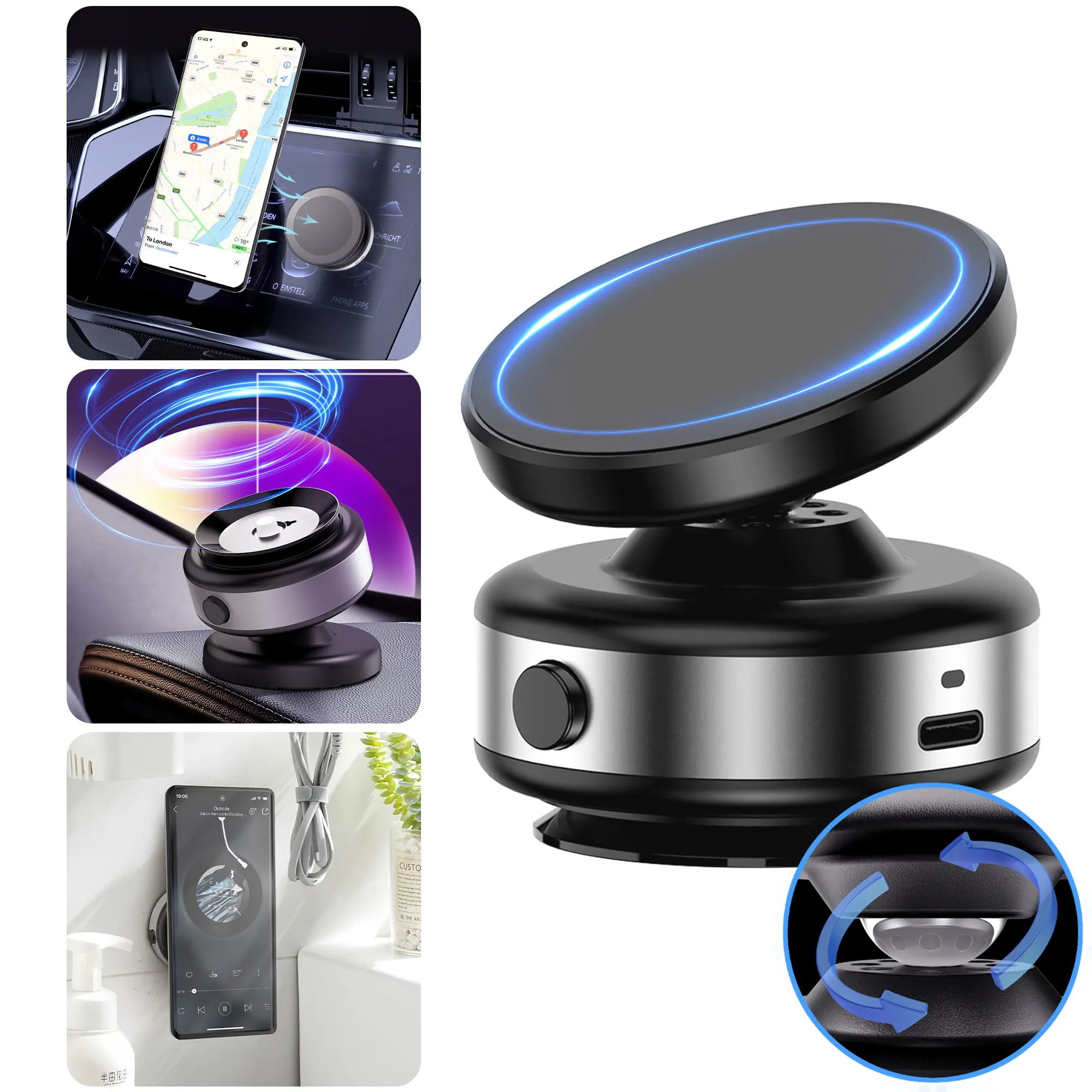 JOYYE 360° Rotatable Universal Car Phone Mount, Magnetic Vacuum Double-Sided Car Navigation Holder for Windshield, Dashboard, iPhone 17 Pro Max MagSafe 15/16, Universal Car Mount