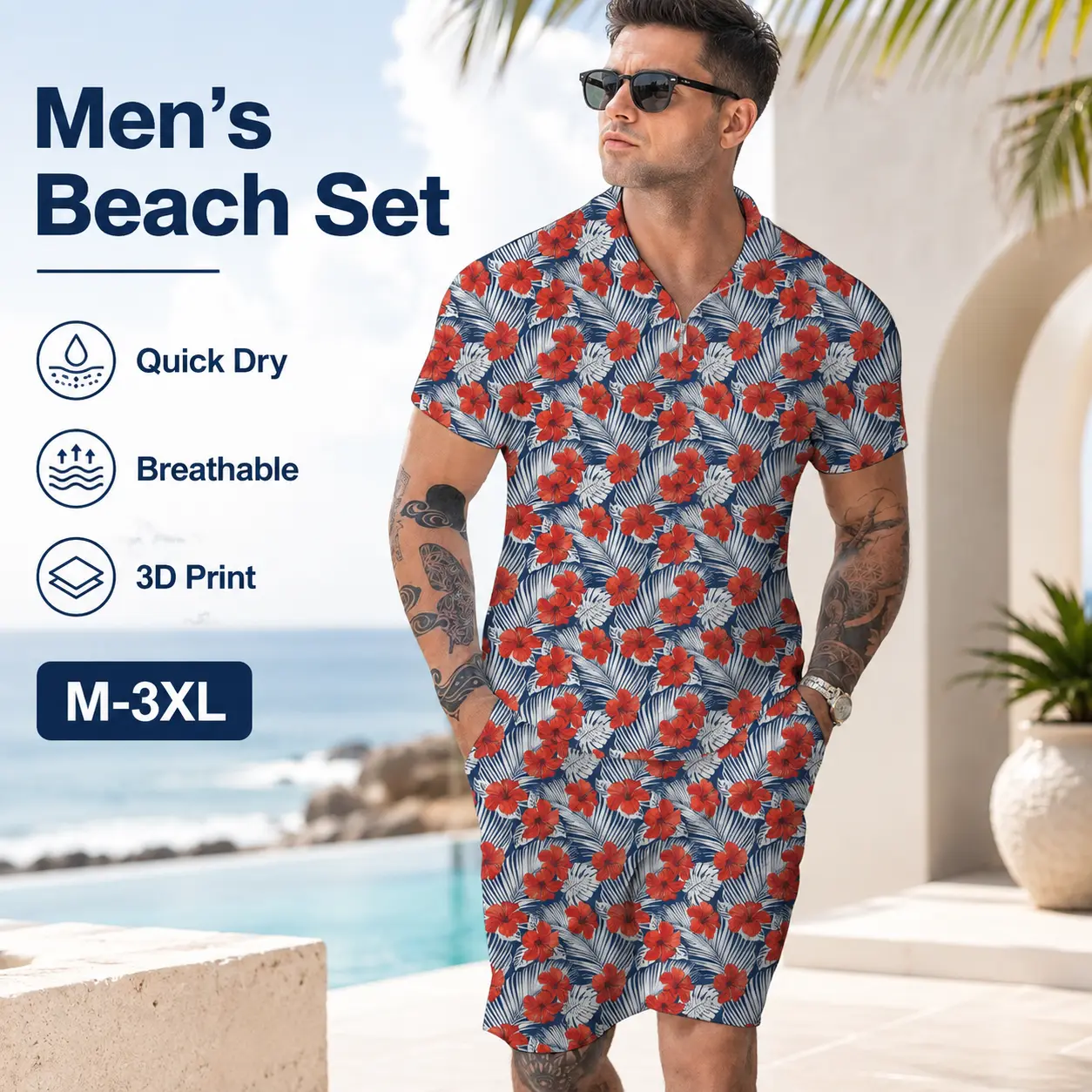 Men’s Red Hibiscus Hawaiian 2 Piece Outfit, Tropical Floral Zip Collar Short Sleeve Shirt and Matching Shorts, Quick Dry Breathable Polyester Beach Vacation Resort Cruise Summer Set M-3XL