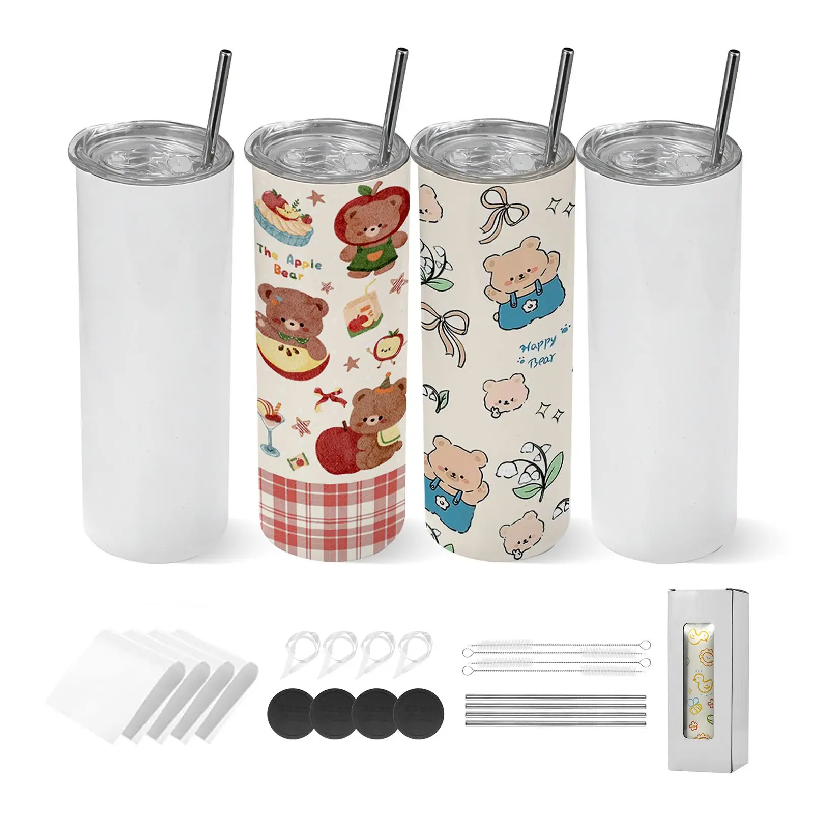 VEVOR Sublimation Tumblers, 4 Pack, 20 oz Skinny Straight Tumblers Bulk, Stainless Steel Sublimation Cups with Lids and Straws, Double Wall Insulated Tumbler Blank, for DIY Personalized Customization