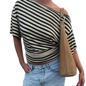Women's 2026 Spring Summer New One Shoulder Striped Ruched Crop Top with Draped Sleeve Design Sexy Chic Elegant Glamorous Slim-Fit Casual Party Top