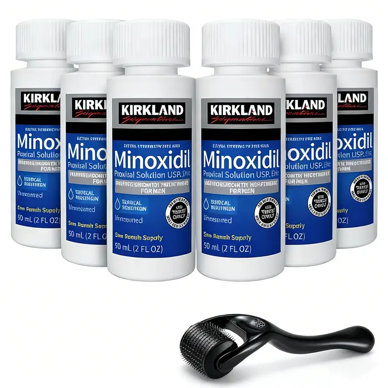 Kirkland Minoxidil 5% Extra Strength 1 to 6 MonthsSupplyWith DermaRoller 0.5MM Men's Hair Growth SerumHairCareDaily Pack Frizz Comfort