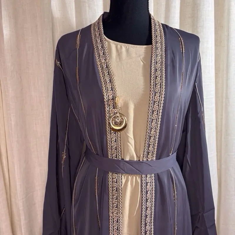 Women's Gray Cowl Neck Abaya - Elegant Long Sleeve Modest Islamic Gown, Intricate Embroidery, Soft Crepe Fabric, Hand Wash Only, Versatile for Evening & Everyday Wear, All Seasons