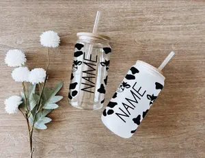 Personalized Cow Print Glass Tumbler, Custom Name Iced Coffee Cup