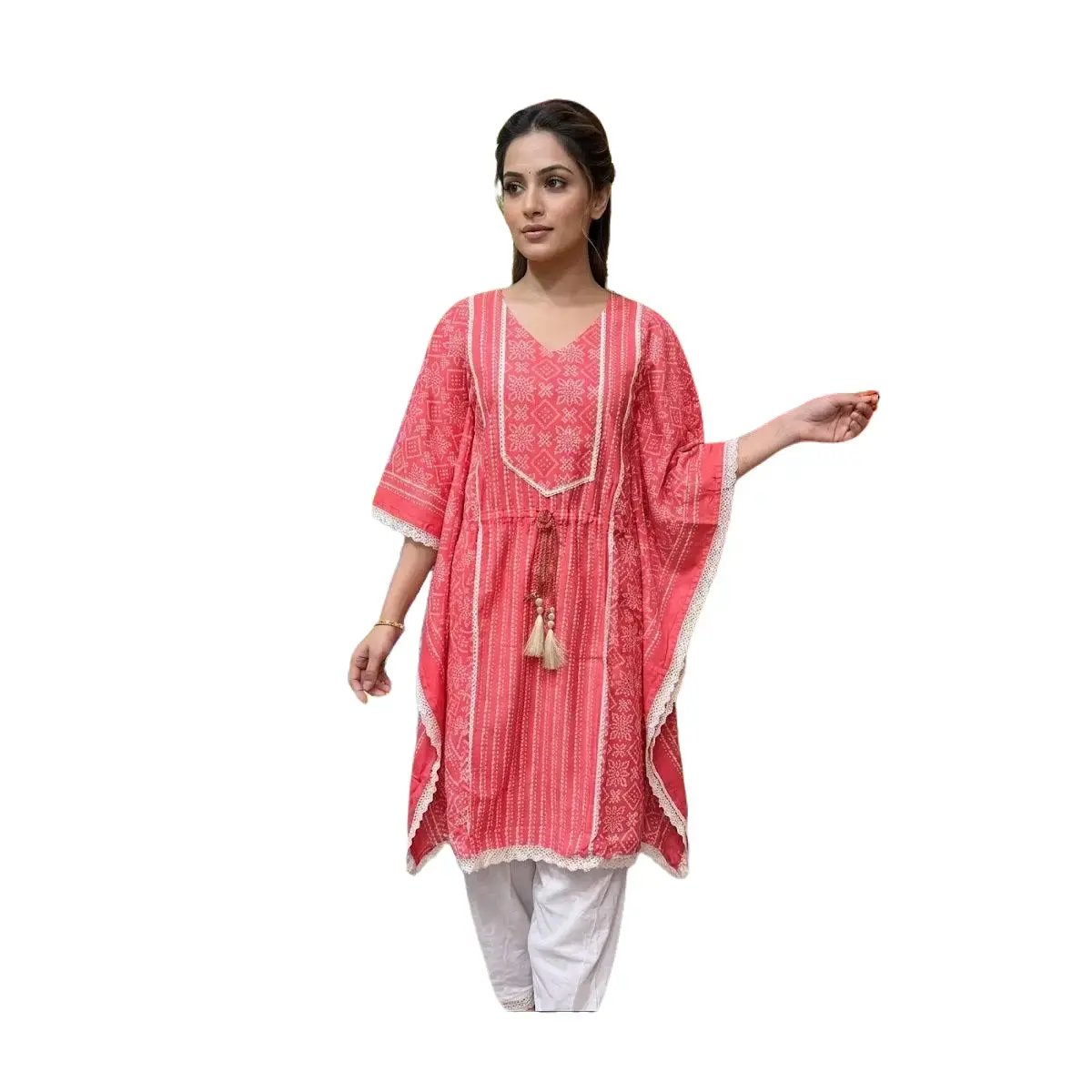 #KF-12  Coral Pink Bandhani Print Kaftan with Lace & Tassel Details