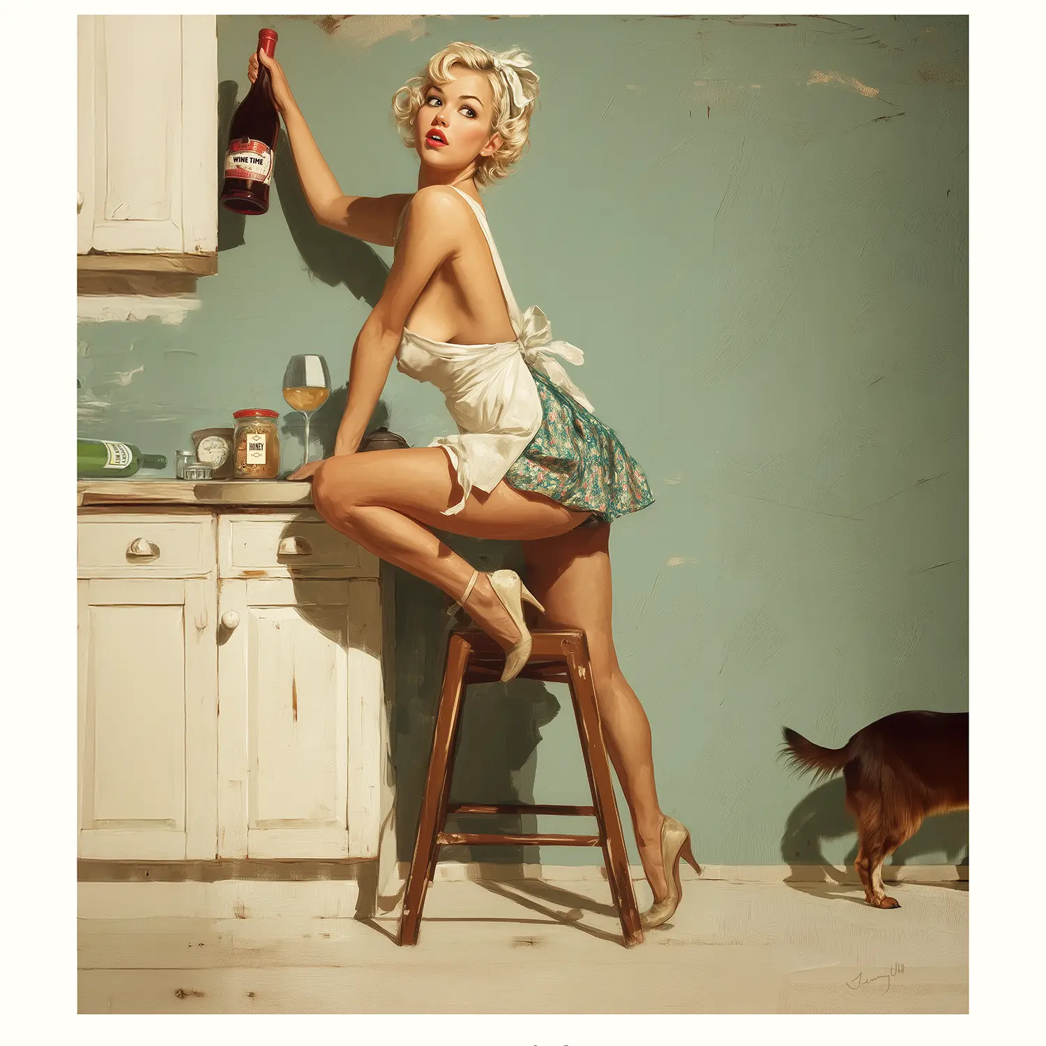 Wine Not? Pin-Up Fine Art Poster | Caught in the Act Series | Vintage 1950s Retro Wall Art | Wine Lover Gift | Kitchen Decor