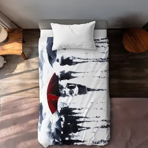 Begin Home Decor C1DCTXLWA1EJOD Abstract Silhouettes Under the Rain Twin Size Extra Long Duvet Cover - Red Street Decor