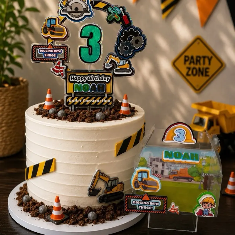 Construction Birthday Party Bundle - Personalized  Cake Topper, Reusable Favor Box | Set of 6-24