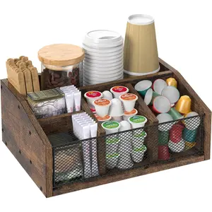 Wooden Coffee Bar Station Organizer Countertop Coffee Tea Condiment Storage Basket K-Cup Pods Holder Decor Rustic Brown