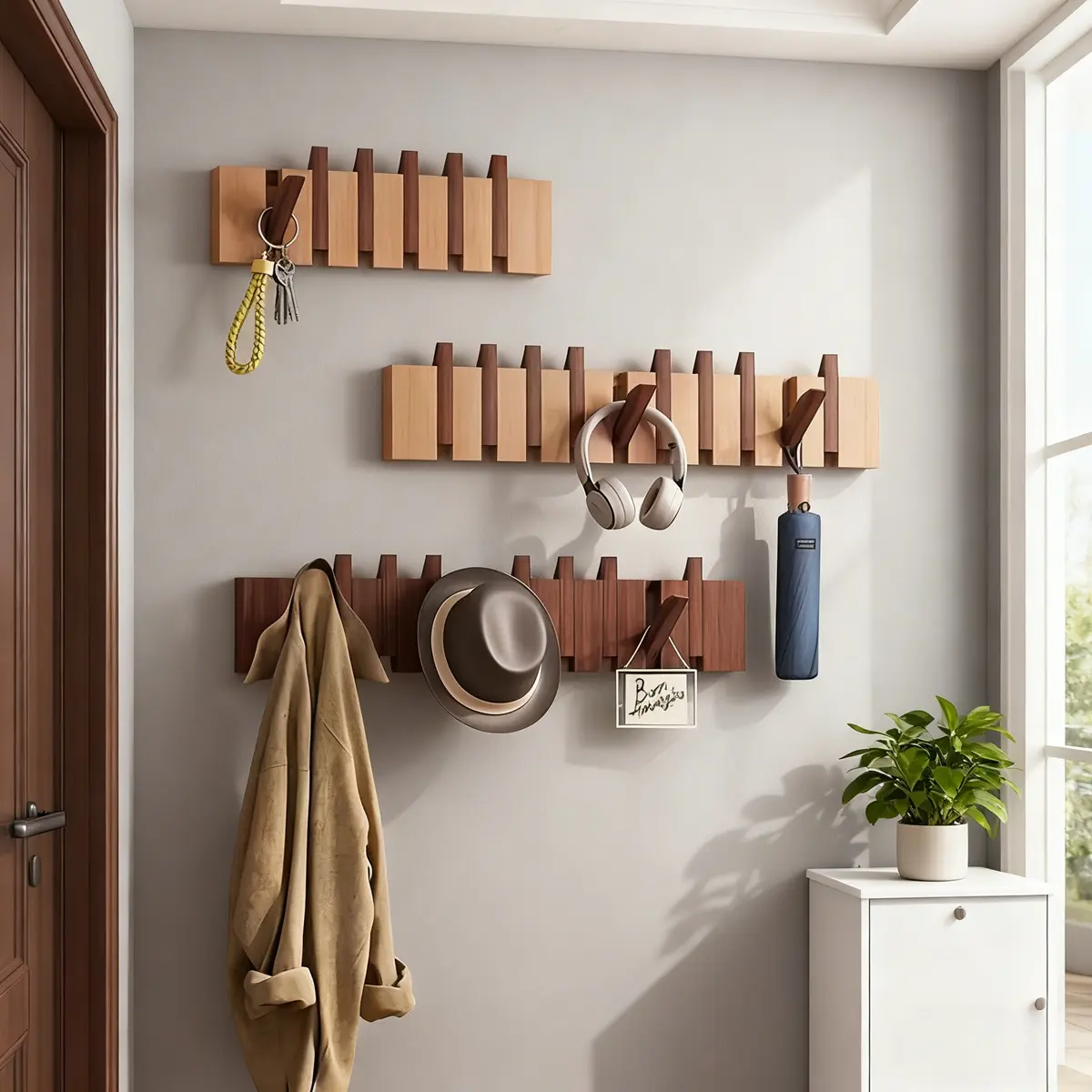 1 Piece Bohemian Style Wooden Piano Key Wall Rack - 6 Foldable Hooks, Easy to Install Wall-Mounted Coat Hook, Foldable Hanging Storage Rack, Wall Mount Organizer for Bedroom, Entrance, Foyer, Mudroom, Beautiful Room Decoration