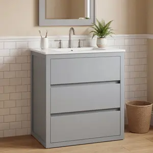 30" Bathroom Vanity with Ceramic Sink and 2 Full-Extension Drawers, Freestanding Bathroom Vanity with 45° Free-Handle Design, Soft Close Undermount Drawer Slides, Gray
