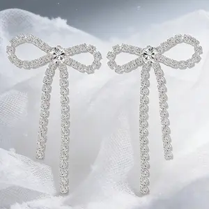 Christmas gift, Women's bow earrings, Rhinestone long tassel earrings, 925 sterling silver earrings, Women's earrings, Hypoallergenic fashion jewelry, Birthday gift, Anniversary gift, Valentine's Day gift, Mother's Day gift, Gift for her.