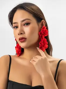 Exaggerated Satin Large Flower Long Tassel Drop Earrings Statement Earrings for Women Chic Gorgeous Jewelry Trendy Jewelry Romantic Party Wedding Earrings Jewelry Girls
