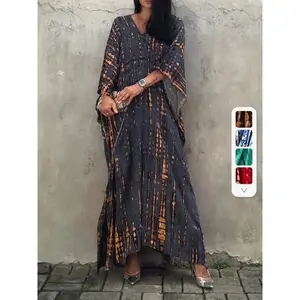 Plus Size Boho Chic Striped Maxi Kaftan Dress - Flowy Batwing Sleeves & V Neck Split Cover Up for Women