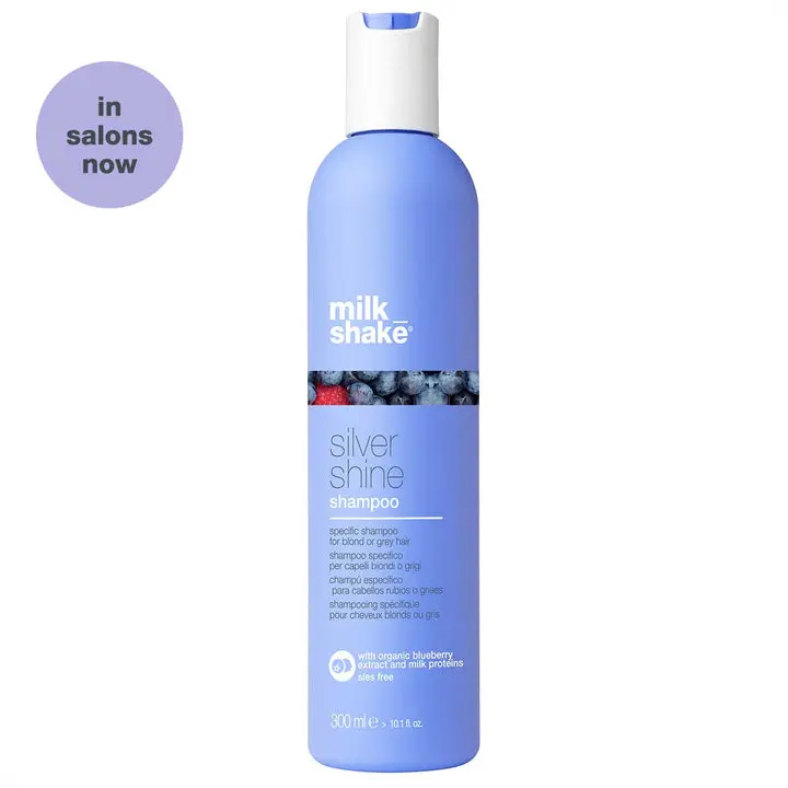 milk_shake silver shine shampoo | purple shampoo to help reduce yellow and brass in white, grey or natural blonde hair | with milk proteins and fruit extracts | for bright, soft hair