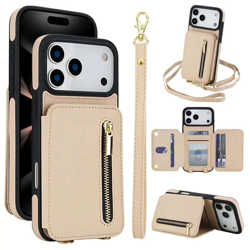Blocking Zipper Wallet Crossbody Case for iPhone 18 Pro Max 17 16 15 14 13 Pro Max with Card Slots Wrist Strap Kickstand and Shockproof Protection