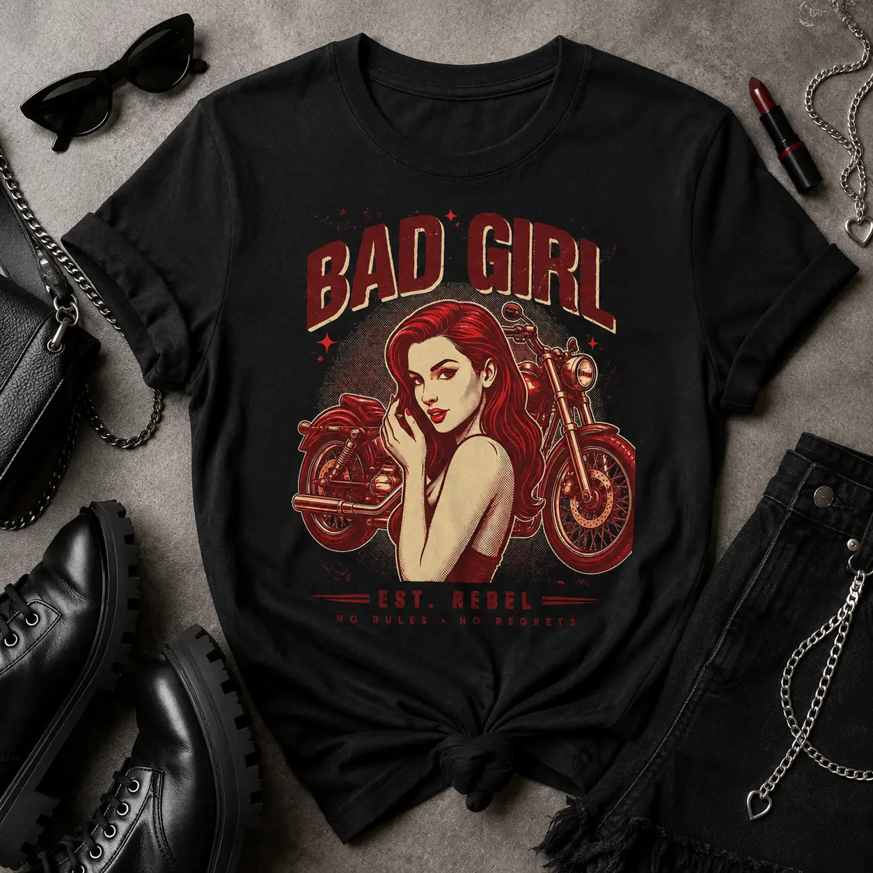 Psyche Visuals Women's Bad Girl Biker T-Shirt - Vintage Pinup Rebel Motorcycle Graphic Tee