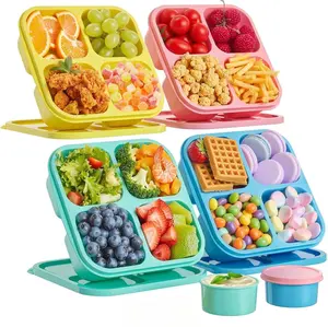 4 Pcs Snack Box Containers Set, Reusable 4 Compartment Lunchable Container with 2Pcs Sauce Containers, Stackable BPA-Free Bento Box for School, Work, Travel (4 Color)