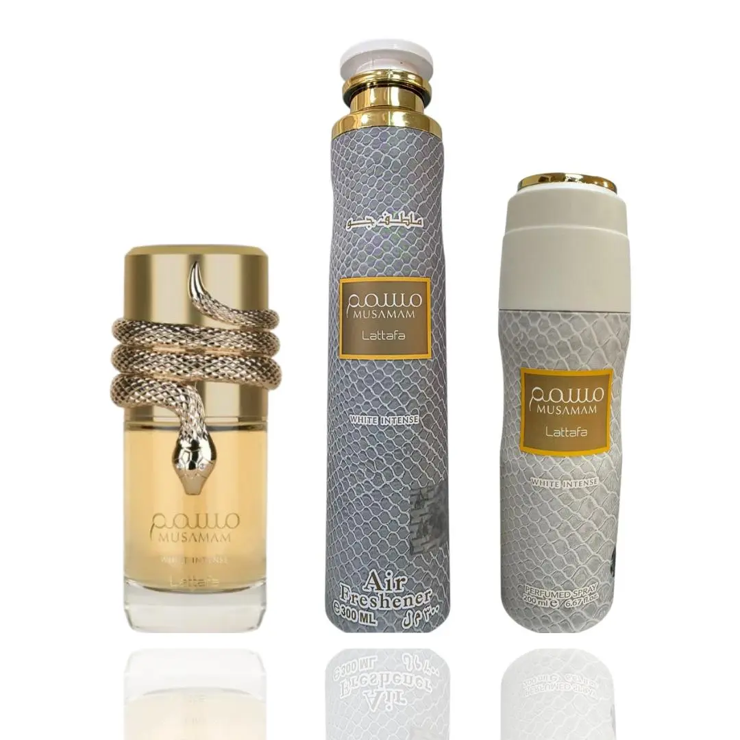 MUSAMAM INTENSE WHITE + MUSAMAM INTENSE WHITE DEODORANT + MUSAMAM INTENSE WHITE AIR FRESHENER -- 3 PIECE BUNDLE, Body & Home, Bold Aroma