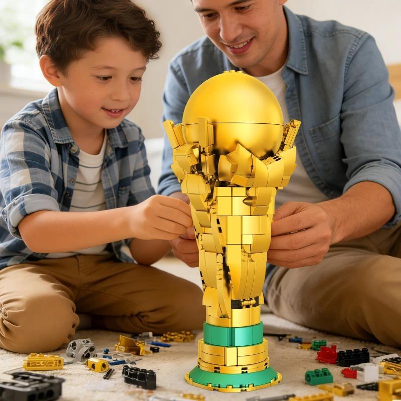 DIY Football Trophy Building Blocks Set, Collectible Desktop Decoration, Home Decor Brick Statue, Classic Gold Display Model, Unisex Gift, Building Kit, Replica, mundial 2026