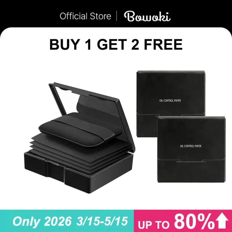 Bowoki Buy 1 Get 2 Free Plant Fiber Portable Blotting Paper with Powder - Black Magnetic Sheets, Compact with Puff & Mirror, Makeup Accessories for Oily Skin, Face Touch-Up, 400 Sheets + 8 Refill Adhesive Patches, tiktokshopspringglowup,summervibes