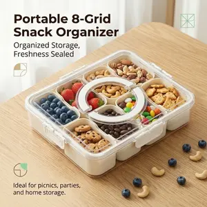 Portable 8-Compartment Snack Tray with Lid and Handle, Airtight Divided Food Storage Container for Fruits, Nuts & Snacks, Ideal for Picnics, Parties and Home Use