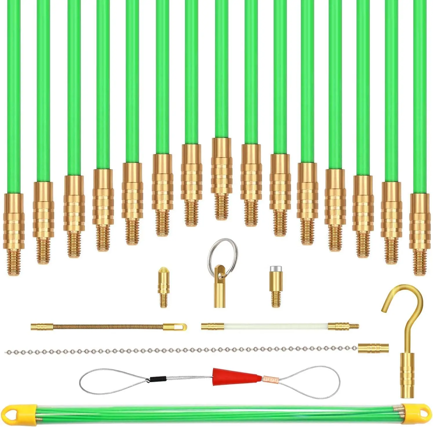 50  Fiberglass Fish Tape  Rods, Electrical Wire Running Pull/Push Kit with Hook and Hole Kit Glow Rod, Hook Hole, Green