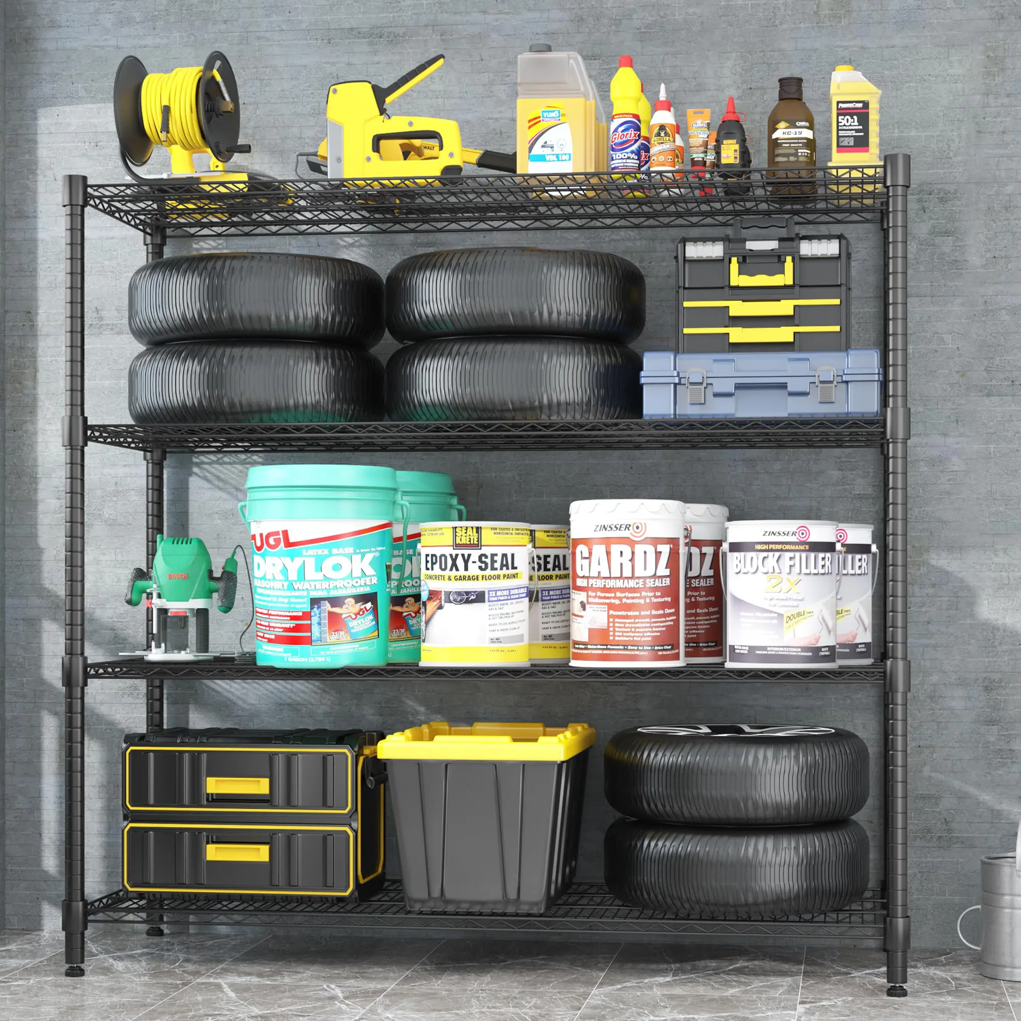 HOMDOX Heavy Duty Height-Adjustable Steel Wire Shelves Storage Rack, Rolling Garage Organiser Unit with Lockable Casters + Leveling Feet for Residential/Industrial Use (Multiple Sizes)