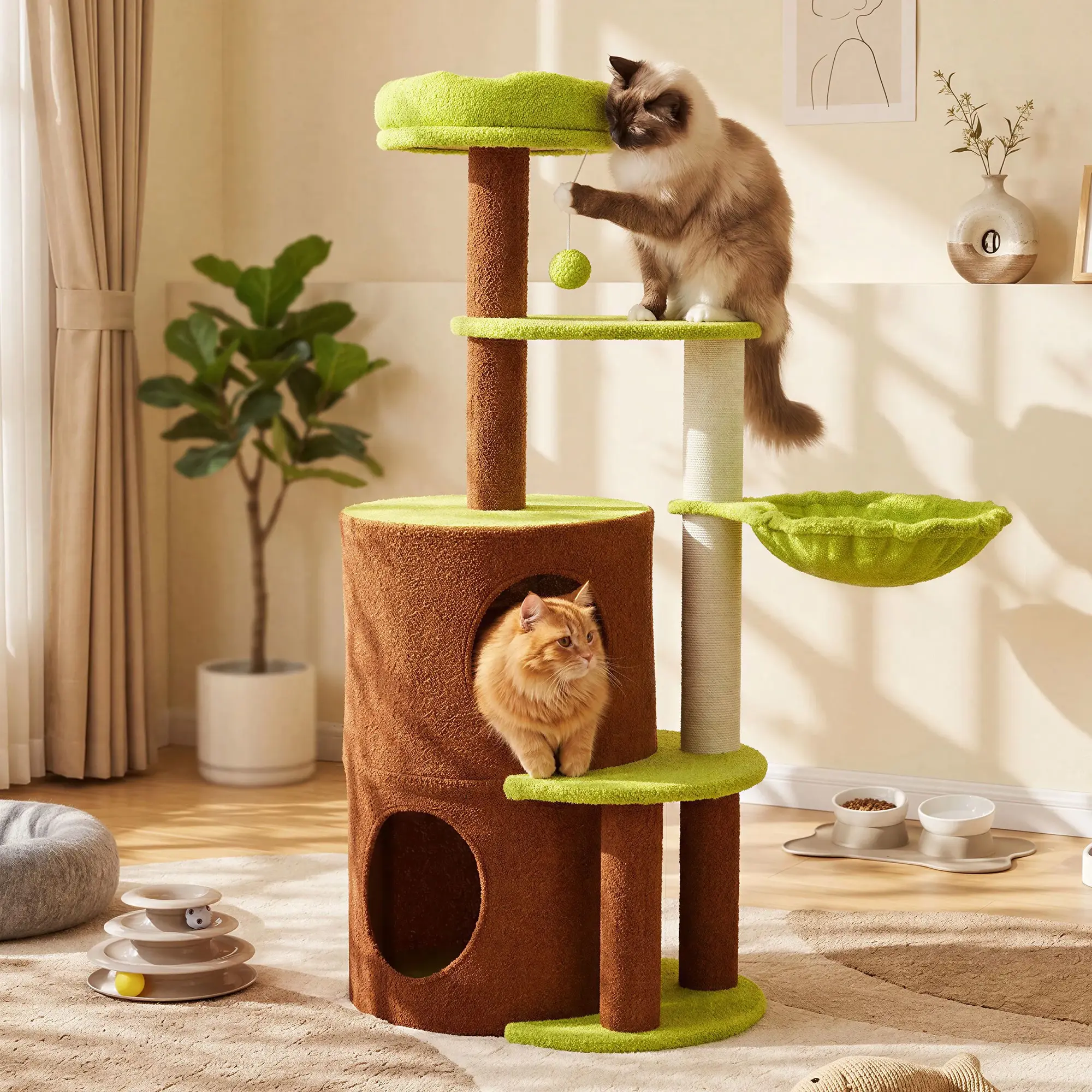 NAVINE 42.9In Multi-Level Cat Tree Suitable for Indoor Cats - Pine Wood Cat Tower with Scratching Posts, Cat Condo, Cat Hammock, Hanging Ball & Plush Platforms | Space-Saving Cat Furniture for Small/Medium Cats, Top Cat Perch